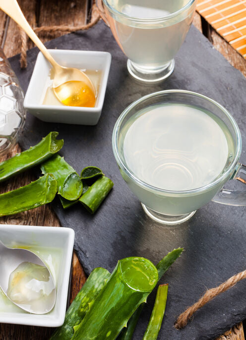 cup with aloe vera and bowl with honey 