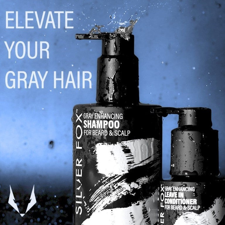 Silver fox shampoo and conditioner with water splashes. 
