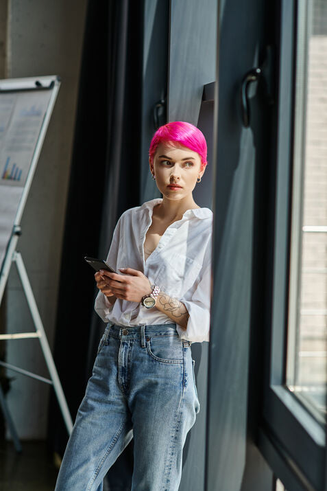 woman with short pink hair 